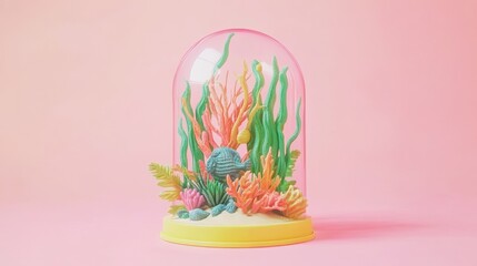 Colorful underwater scene in a clear glass dome on a pink background
