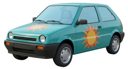 Isolated Green Car with Sun Decorations