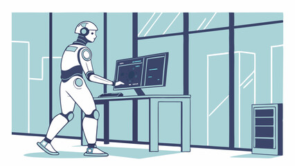 Fototapeta premium Humanoid Robot Operating Computer in Modern Office.