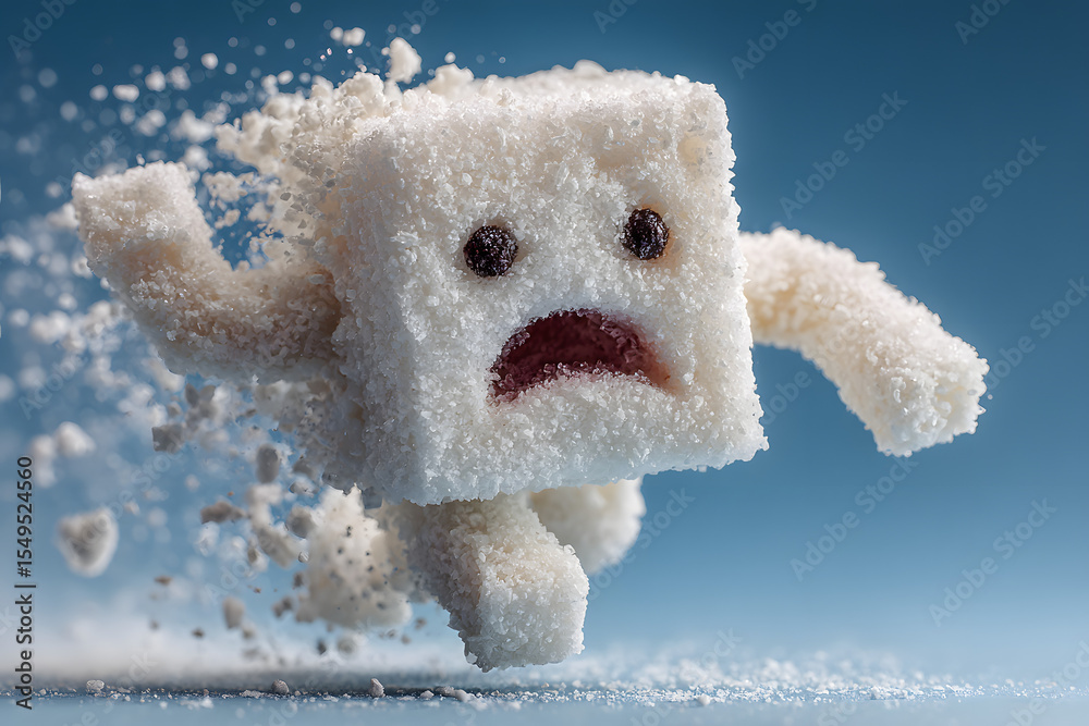 Poster the sugar cube figure is falling apart, representing a reduction in sugar intake