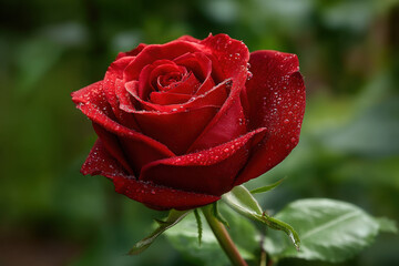Blooming red rose adorned with morning dew in vibrant garden