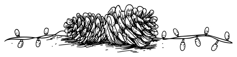 hand drawn pine cone garland with christmas lights vector illustration