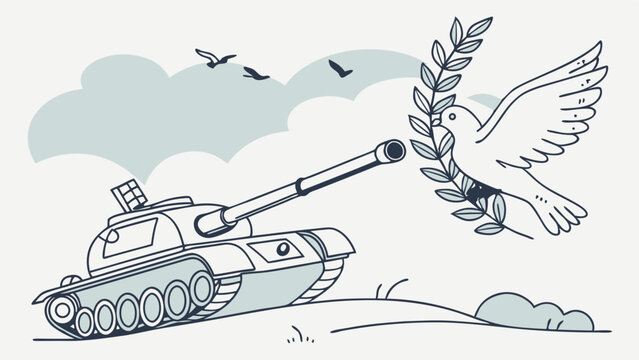 Military Tank and Peace Dove with Olive Branch Illustration.