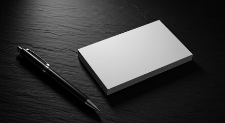 Professional black pen and stack of blank white business cards on dark textured slate background for branding and identity mockup with copy space.