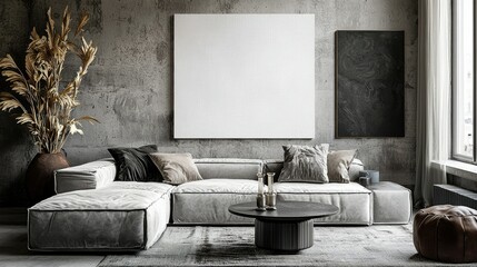 Modern living room interior design with gray sectional sofa and minimalist decor.