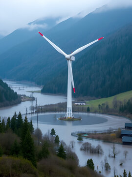 wind turbine inoperable its base submerged in a flooded valley