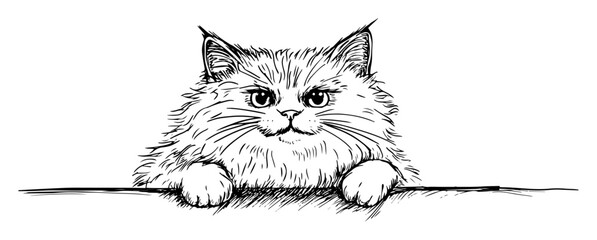 cute fluffy cat peeking over edge sketch style
