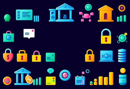 Set of colorful online banking icons depicting transactions, security, and financial management,  graph,  button