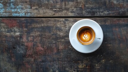 Overhead view of a latte art coffee cup on a weathered wooden table