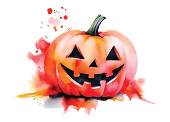 Happy smiling Halloween pumpkin Jack o Lantern hand drawn watercolor illustration