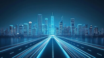 Fototapeta premium Futuristic city skyline at night, with glowing blue digital trails on a highway