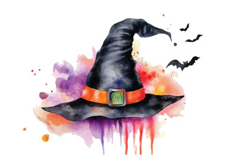 Halloween witch hat hand drawn holiday vector illustration with watercolor splashes background