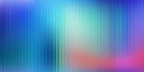 Fototapeta na wymiar Corrugated iridescent glass background with gradient ribbed abstract design and blue pattern. Color effect with neon line blur and metal light. Vector texture with prism glow.