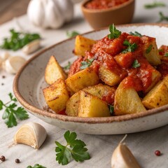 Roasted potatoes with tomato sauce and garlic served in a rustic bowl
