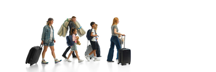 A diverse group of individuals is depicted carrying suitcases, representing the journey and search...