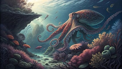 Detailed pencil drawing of an octopus among underwater coral reef at dusk showing intricate textures and marine life