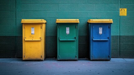 Three colored recycling bins against a teal wall