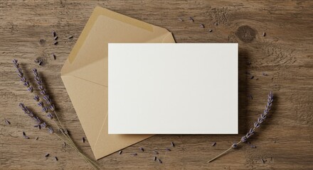 Blank white greeting card and kraft envelope mockup on rustic wood background with scattered lavender sprigs and florets, top view.