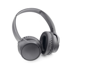 black wireless headphones isolated on white background with clipping path, close up