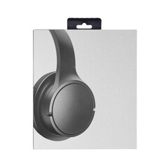 cardboard box with black wireless stereo headphones image, box mockup