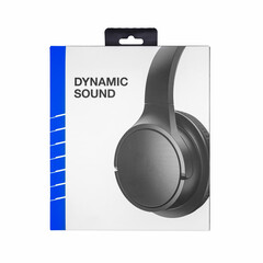 cardboard box with image of black wireless stereo headphones