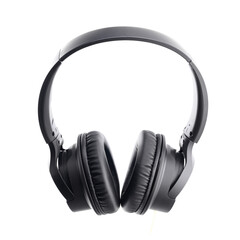 digital black wireless acoustic stereo headphones isolated on white background, close-up