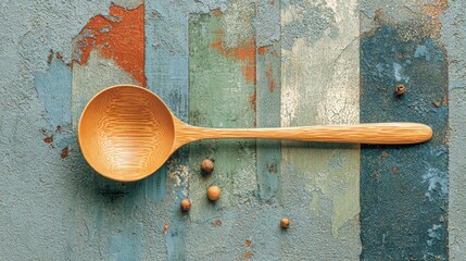 Wooden Serving Spoon on Dark Textured Surface, showcasing craftsmanship, elegant simplicity, minimalist design, perfect for culinary presentations, inviting and unobtrusive ambiance