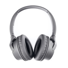 digital black wireless acoustic stereo headphones isolated on white background, top view