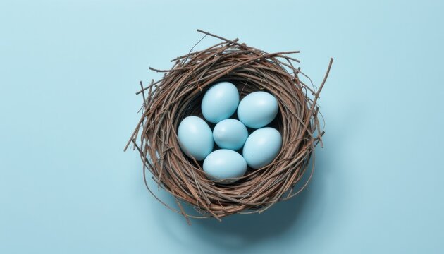 Nurturing new life blue eggs in a nest on soft blue surface close-up serene environment nature concept