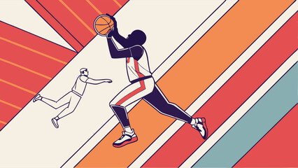 Basketball Player in MidAir with Ball Opponent Reaching.