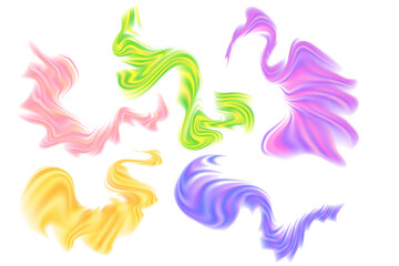 Fluid neon pink, yellow glowing futuristic flowing wave form set, iridescent striped holographic liquid splash isolated PNG design element, transparent background. Dream glow abstract geometric shape.