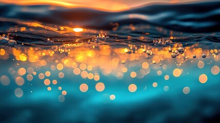 Sparkling Ocean Surface at Sunset with Colorful Bokeh Effects and Gentle Waves