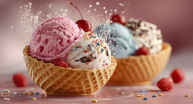 Celebration of national ice cream day with delicious ice creams and toppings - Powered by Adobe