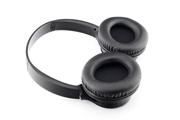 wireless black stereo headphones isolated on white background with clipping path