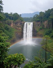 Fototapeta premium Majestic waterfall in lush jungle nature photography tranquil environment panoramic view