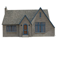 3D rendered charming brick cottage with steep roof and arched doorway, isolated on transparent background
