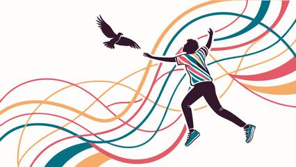 Silhouette of a person reaching for a bird with colorful lines.