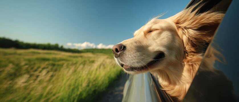 The joyful golden retriever enjoying a breezy car ride through nature. - Powered by Adobe