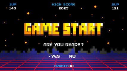 Game start.pixel art .8 bit game.retro game. for game assets in vector illustrations.Retro Futurism Sci-Fi Background. glowing neon grid.and stars from vintage arcade comp	