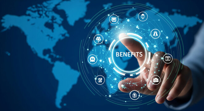 Finger interacts with glowing circular interface displaying "BENEFITS" against blurred world map background, showcasing global business advantages and interconnectedness