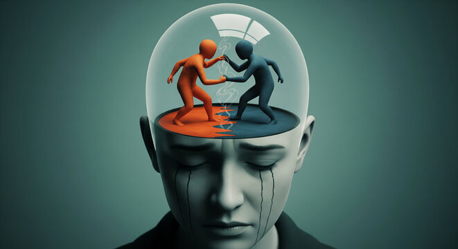 Abstract 3D illustration of a head with an open mind, showing two figures in conflict inside a glass dome, symbolizing internal struggle and mental health