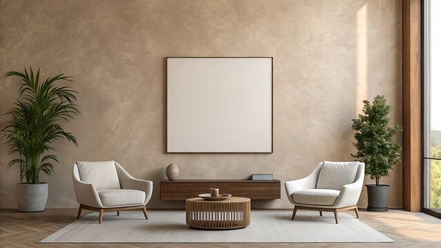 wall art mockup, Modern living room with textured walls two comfortable armchairs a coffee table and a blank square frame ready for art