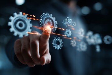 Fototapeta premium A manager’s finger activates workflow automation on a digital interface, symbolizing efficiency and streamlined operations.