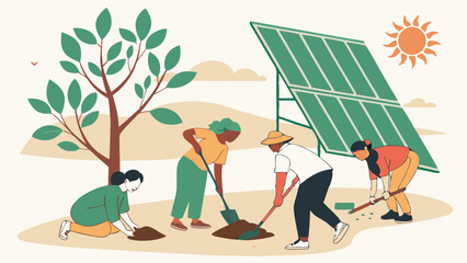 People planting trees near solar panels promoting sustainability and renewable energy.