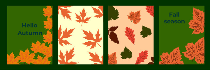 Bright autumn. Autumn backgrounds design. A set of seasonal posters and postcard templates featuring leaves. Autumn postcards. Vector illustrations.
