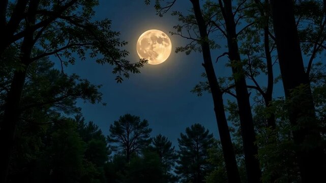 Full Moon Shining Over Quiet Forest Canopy with Soft Breeze and Golden Light &ndash; 4K Night Nature Footage