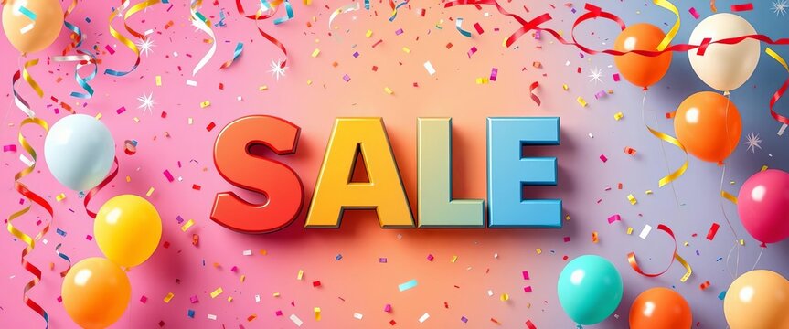 Giant sale banner with confetti & balloons on vibrant background, special, promotion