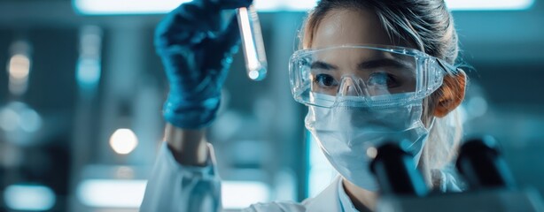 The scientist inspecting a test tube in a modern laboratory setting.