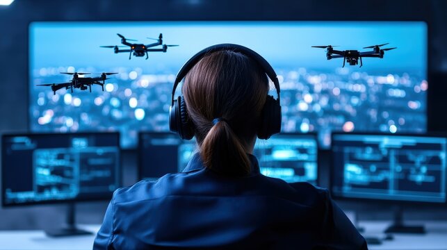 A person wearing headphones monitors three drones flying outside a large screen displaying data and city lights at night.