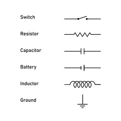 Electric Circuit Symbols. Switch, Resistor, Capacitor, Inductor, Battery and Ground Symbol.